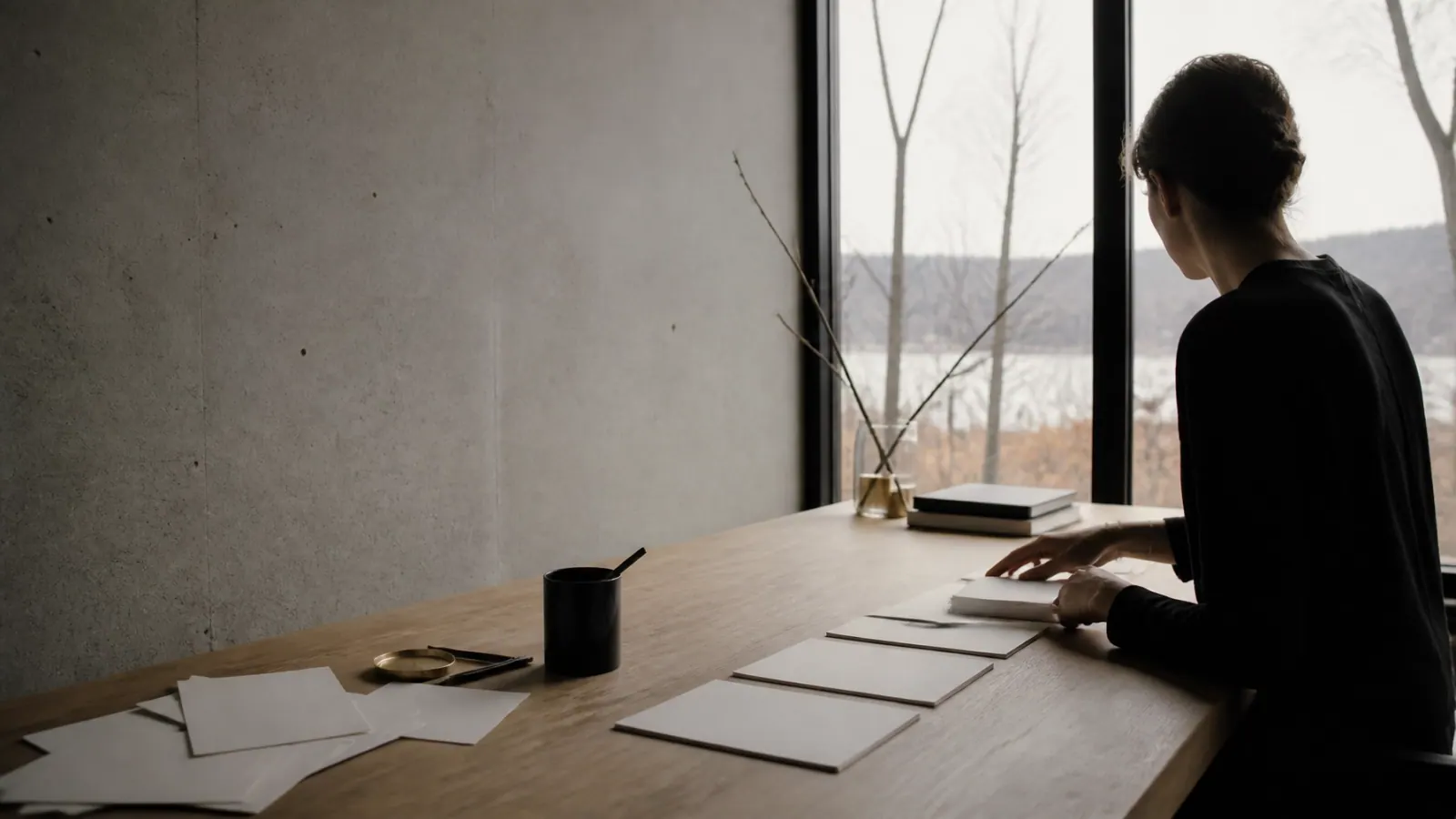 Une personne organise des documents vierges sur une table près d’une fenêtre dans un espace de travail québécois, une composition calme qui évoque le passage de la complexité à la clarté.